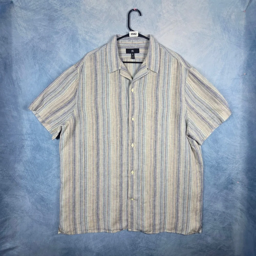 Banana Republic Mens XL Tall Linen Shirt Short Sleeve Striped Blue Tan Standard